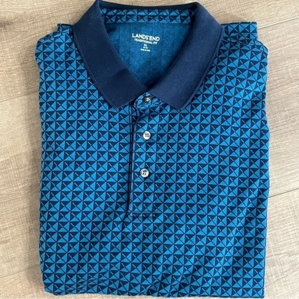 Lands' End 481717 Men XL Traditional Fit Blue 100% Cotton Geometric‎ Polo Shirt